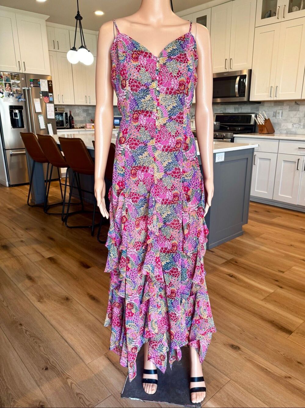 12th Tribe Y2K Fairycore Pink Floral Tiered Handkerchief Maxi Dress Small Boho - Picture 3 of 7